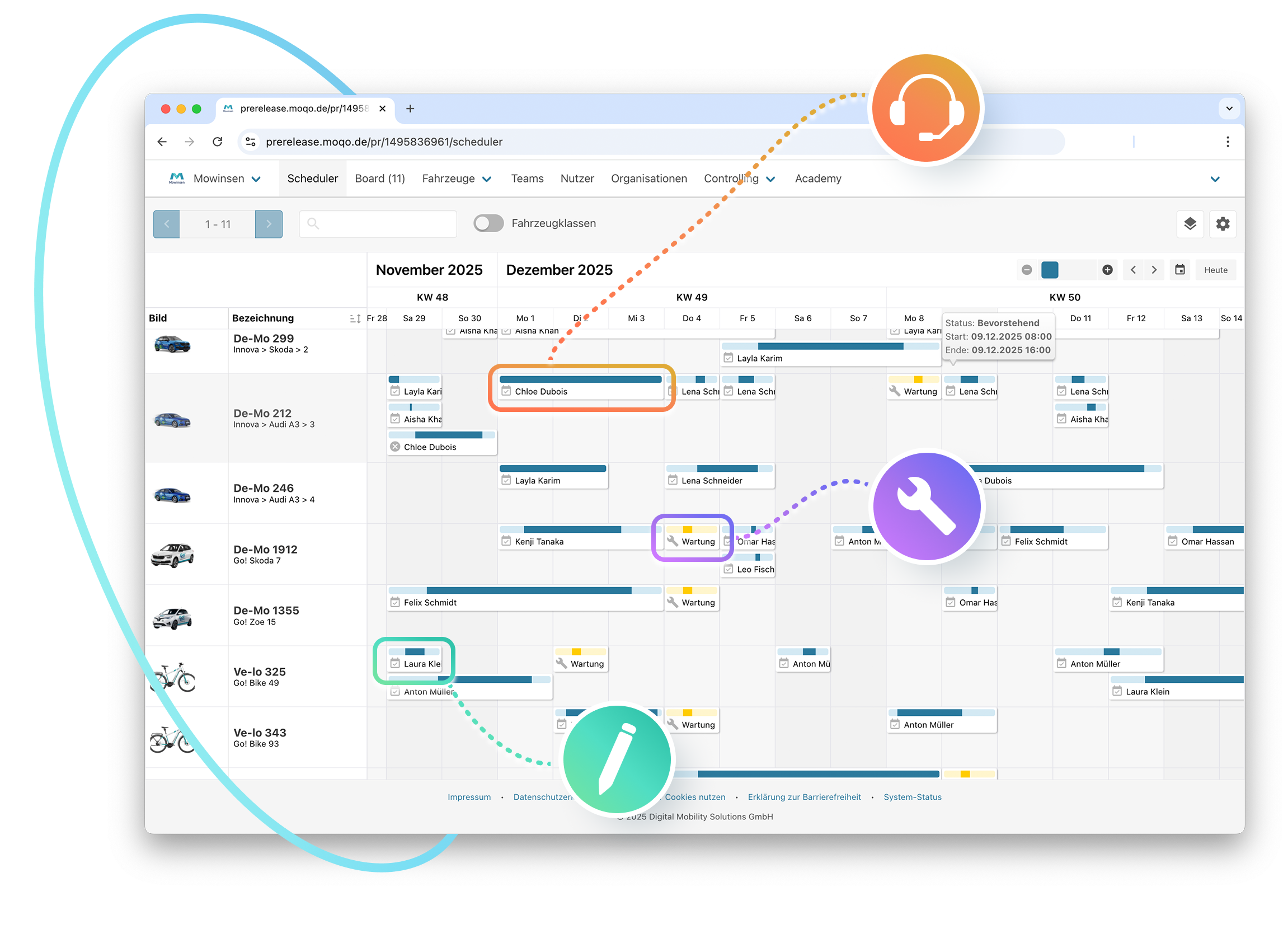 MOQO fleet scheduler portal with automated support, maintenance, and edit flags