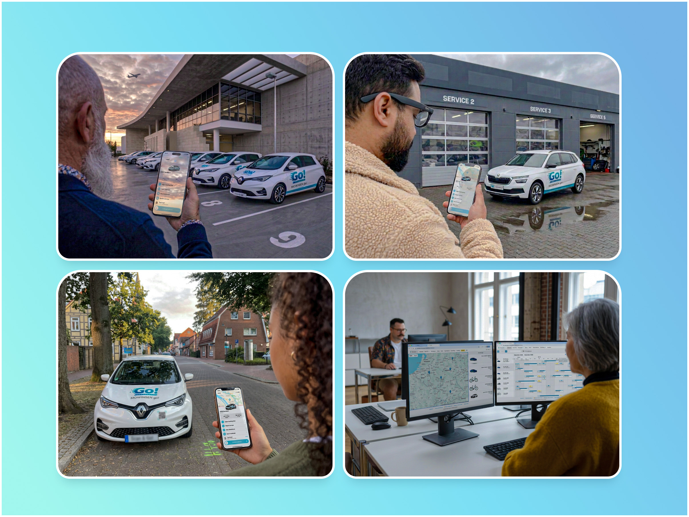 MOQO in use across an airport lot, a service workshop, a public street, and a fleet office